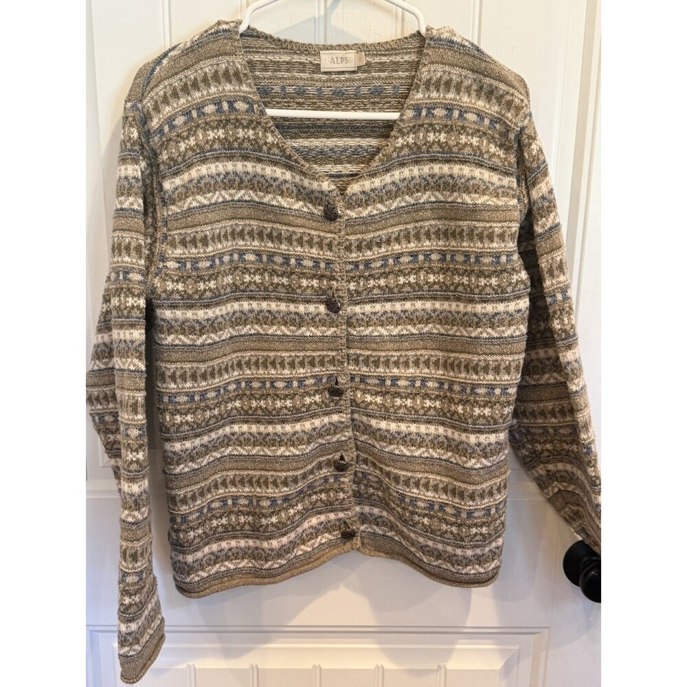 VTG ALPS Sweater S Cotton Fair Isle Nordic Boho Striped Knit Cardigan